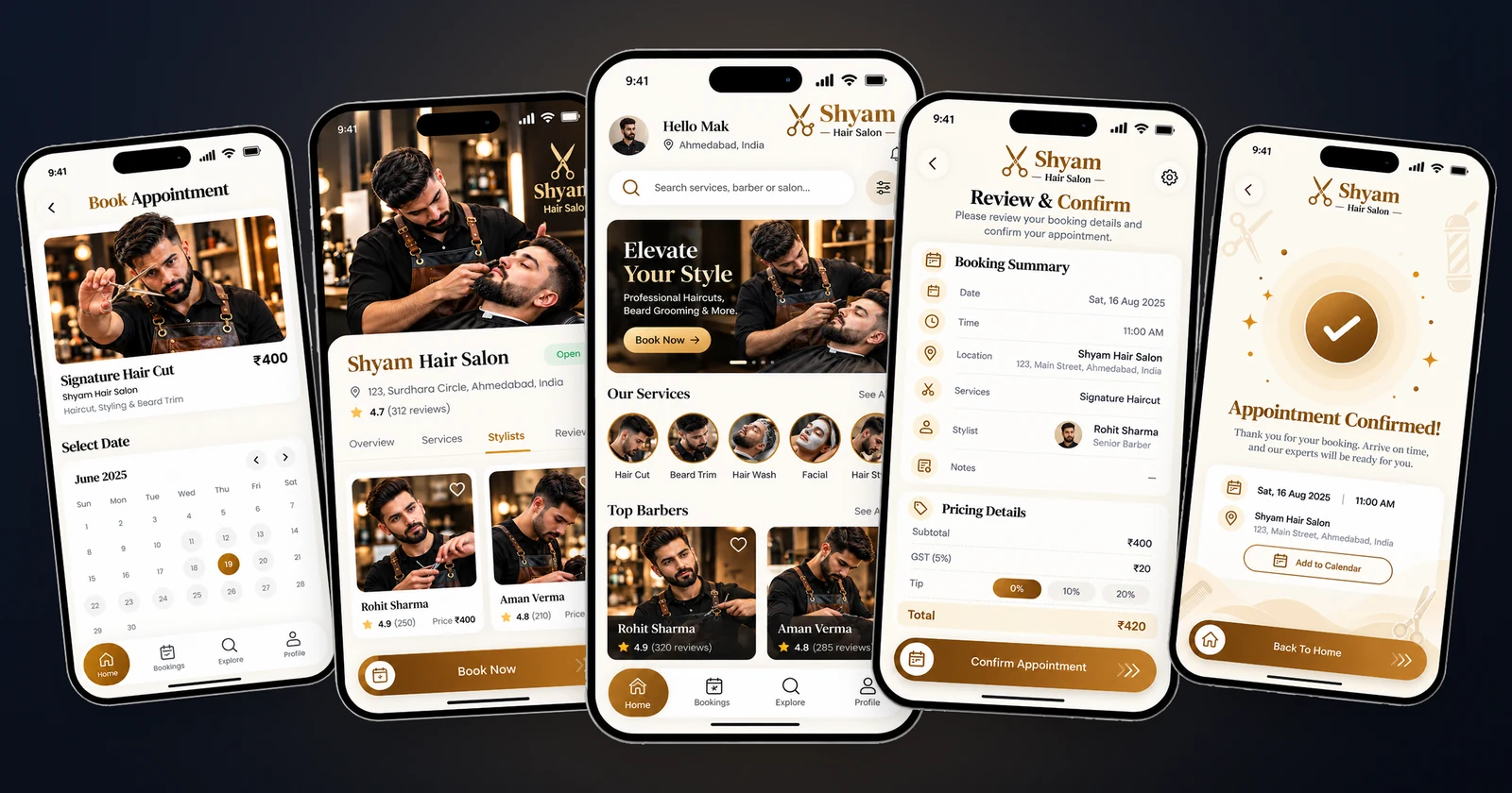 Shyam Hair Salon booking app by Technosquare: date picker, barbershop stylists, home screen, booking review and appointment confirmation
