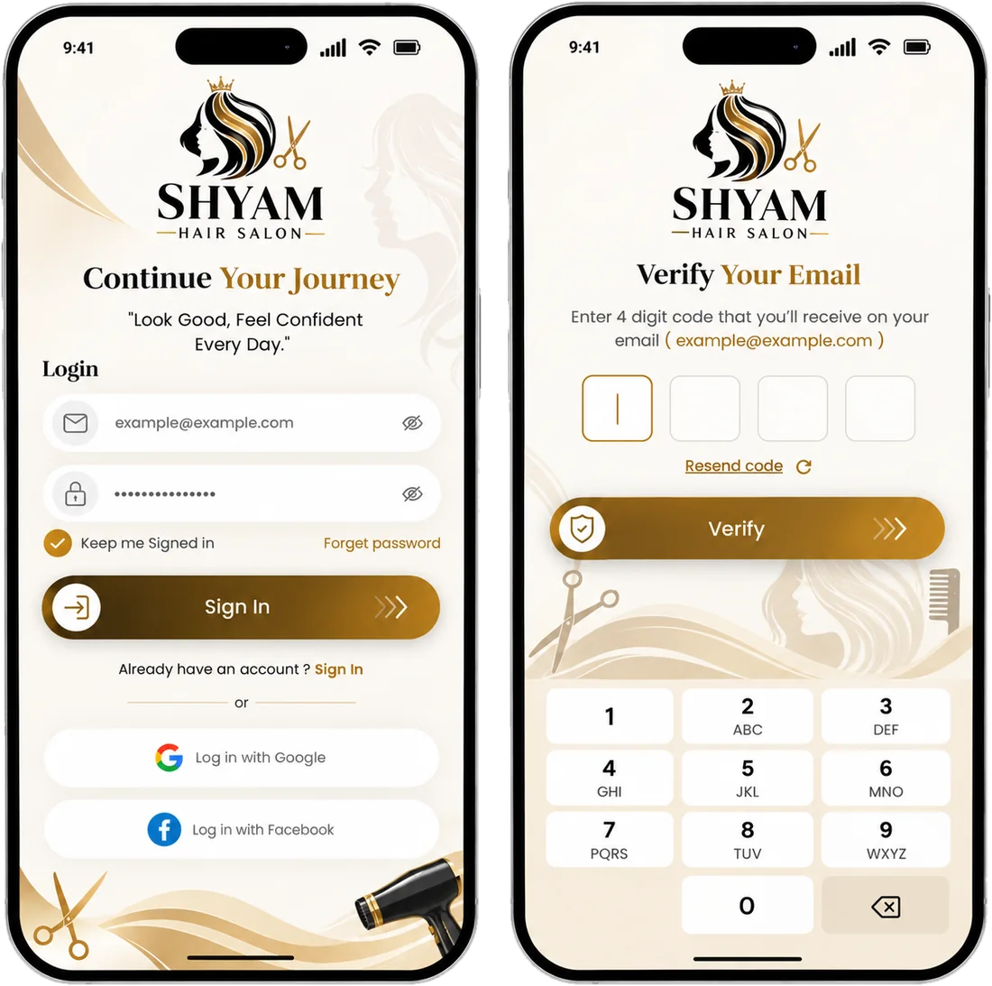 White-label salon app login screen with Google and Facebook sign-in, and the email OTP verification screen, branded for Shyam Hair Salon